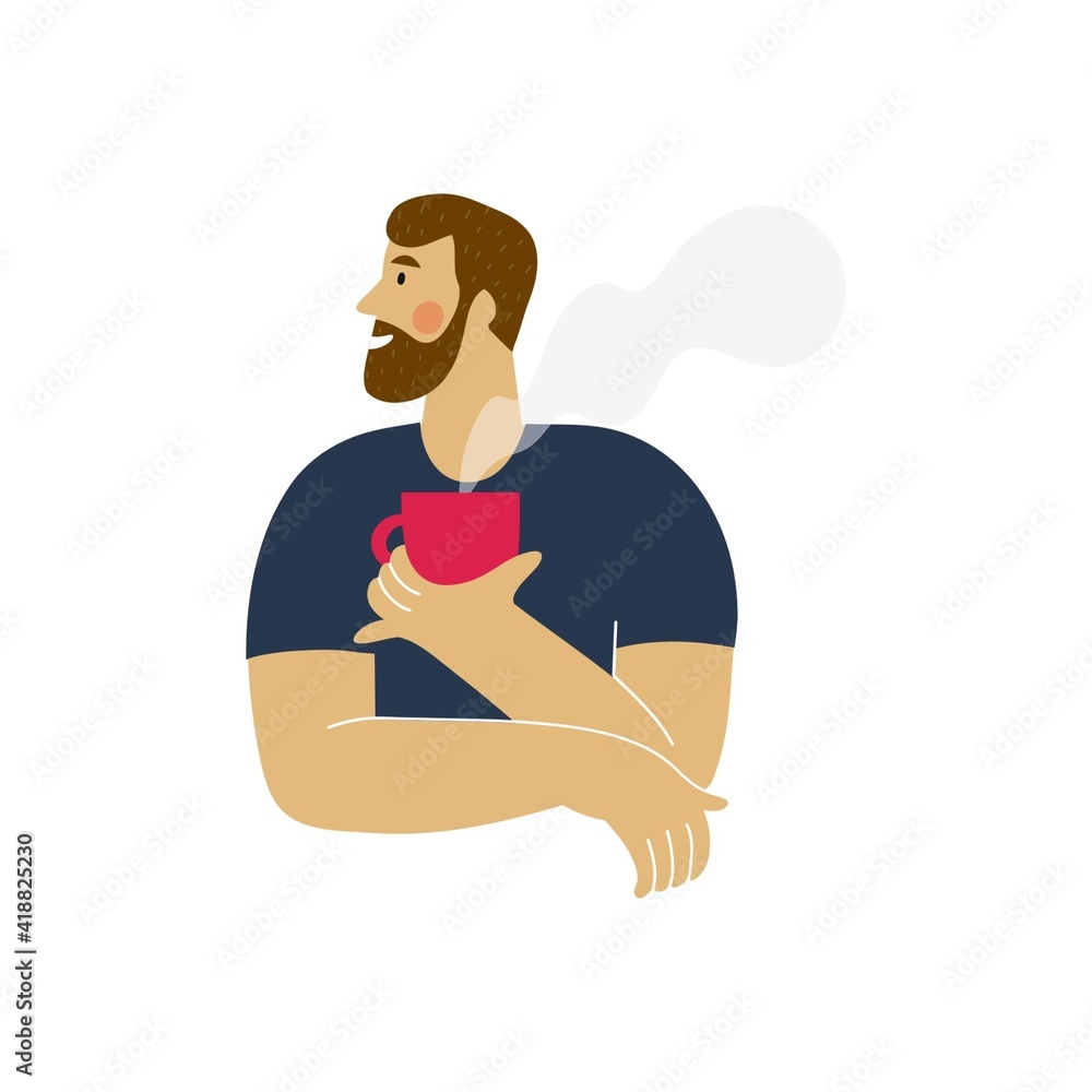 Young hipster man is drinking coffee. Vector flat illustration.