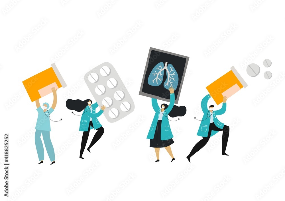 Doctors and medical workers in a hospital with medicines, x-rays and pills - vector flat illustration. Online Doctor Visits