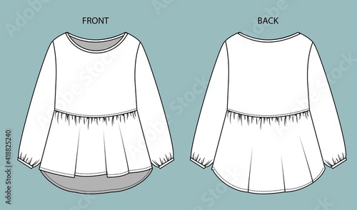 Women's Top Fashion Flat Sketch. blouse front and back view.