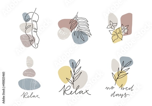 Abstract collage with shape with plant and stone. Flat illustration with sea stones, tropical leaves and and abstract shapes.