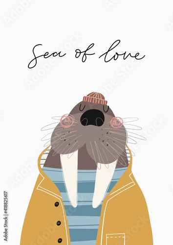 Birthday vector poster with cute sailor walrus. 