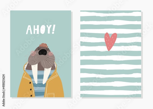Birthday vector poster with cute sailor walrus. 