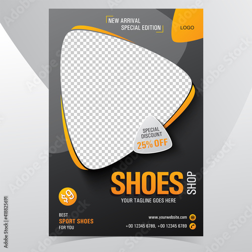 Shoes flyer orange black A4 size Poster creative design with Photo space