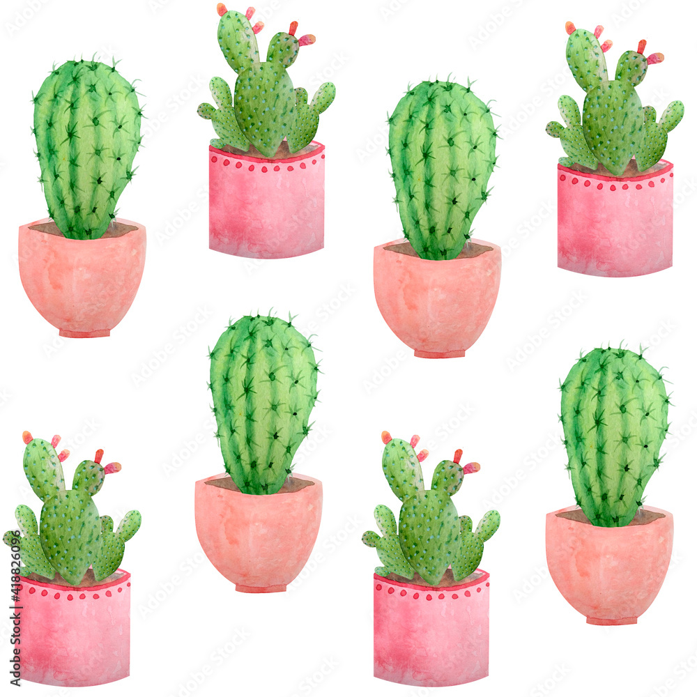 Watercolor hand drawn seamless pattern of tropical mexican cactus cacti succulents. Green natural house plants in pots botanical illustration print interior design decoration for wallpaper textile. Watercolor hand drawn seamless pattern of tropical mexican cactus cacti succulents. Green natural house plants in pots botanical illustration print interior design decoration for wallpaper textile.