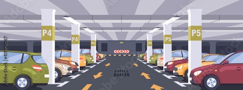 Panoramic view of urban underground car park full of parked autos. Basement garage interior with markings, signs, columns and reserved parking lots. Colored flat vector illustration photo