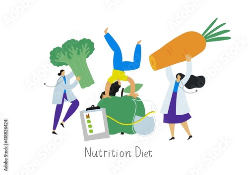 Nutritionist  doctor diet plan. Vector flat illustration healthy food and people. Nutritionist  doctor with green  vegetables in a smoothie blender.