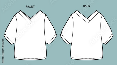 Women's Top Fashion Flat Sketch. blouse front and back view.