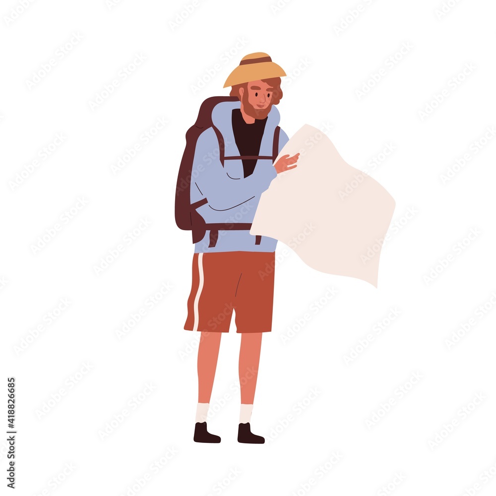 Tourist traveling with backpack. Hiker looking for route in map isolated on white background. Colored flat cartoon vector illustration of happy backpacker or traveler during hiking or sightseeing Tourist traveling with backpack. Hiker looking for route in map isolated on white background. Colored flat cartoon vector illustration of happy backpacker or traveler during hiking or sightseeing