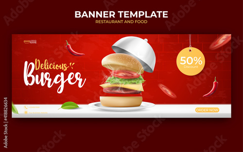 food or culinary ads banner template. illustration vector with realistic burger, chili, plate and cover food.