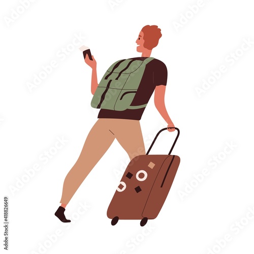 Happy person traveling with luggage. Tourist saying goodbye and leaving with suitcase, passport and ticket. Colored flat vector illustration of male traveler isolated on white background