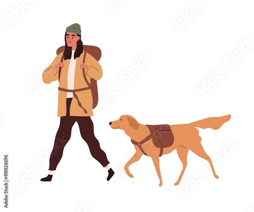 Hiker with backpack traveling together with dog. Active person hiking with pet. Colored flat cartoon vector illustration of young woman walking with labrador isolated on white background