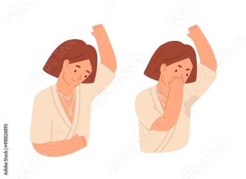 Unhappy woman with smelly sweaty armpits and sweat odour. Person with hyperhidrosis. Healthy and unhealthy smell from underarm. Hygiene concept. Flat cartoon vector illustration isolated on white