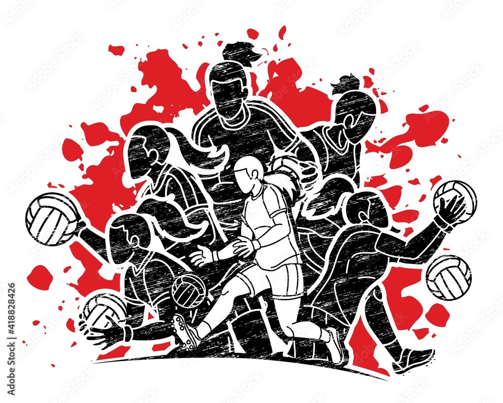 Obraz premium Group of Gaelic Football Female Players Sport Action Cartoon Graphic Vector.