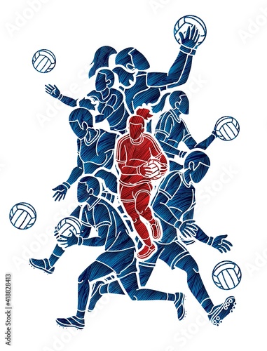 Group of Gaelic Football Female Players Sport Action Cartoon Graphic Vector.