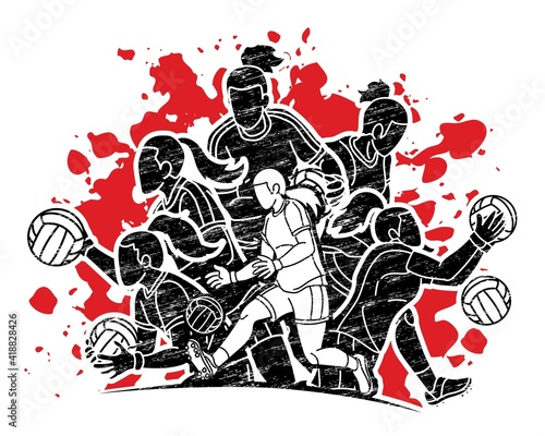 Group of Gaelic Football Female Players Sport Action Cartoon Graphic Vector.