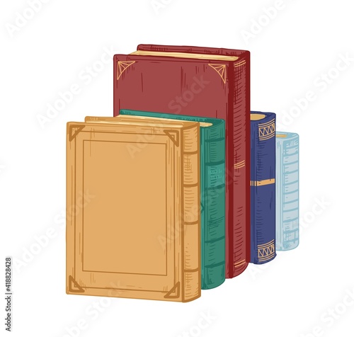 Row of ancient historical books in hardcovers isolated on white background. P...