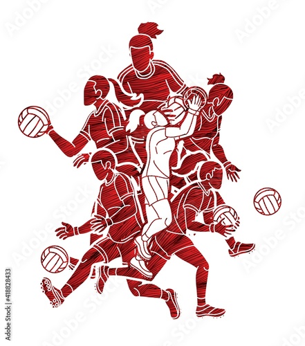 Group of Gaelic Football Female Players Sport Action Cartoon Graphic Vector.