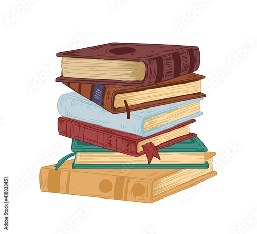 Vertical stack of old historical books in hardbacks with bookmarks isolated on white background. Pile of ancient textbooks for reading. Colored hand-drawn vector illustration in vintage style