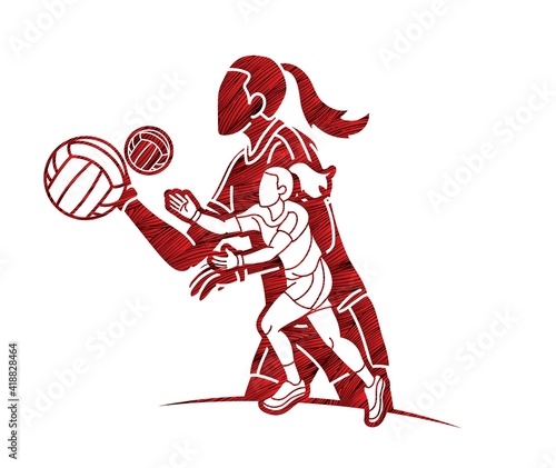 Group of Gaelic Football Female Players Sport Action Cartoon Graphic Vector.