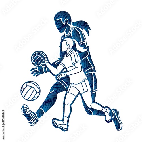 Group of Gaelic Football Female Players Sport Action Cartoon Graphic Vector.