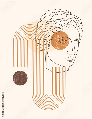 Abstract Boho Illustration with Antique Sculpture of Muse in a Minimal Liner Trendy Style. Vector Contemporary Background in Neutral colors for posters, t-shirts print, Cover, Social Media Stories