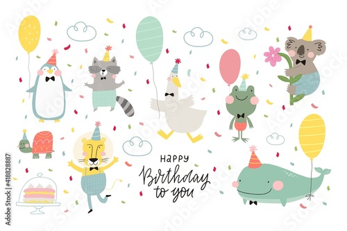 Cute greeting card with a character . Fan print birthday party