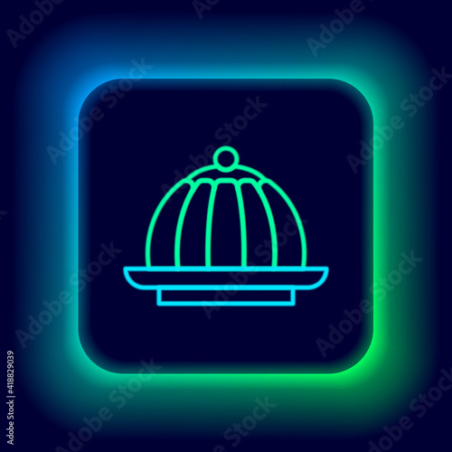 Glowing neon line Pudding custard with caramel glaze icon isolated on black background. Colorful outline concept. Vector.