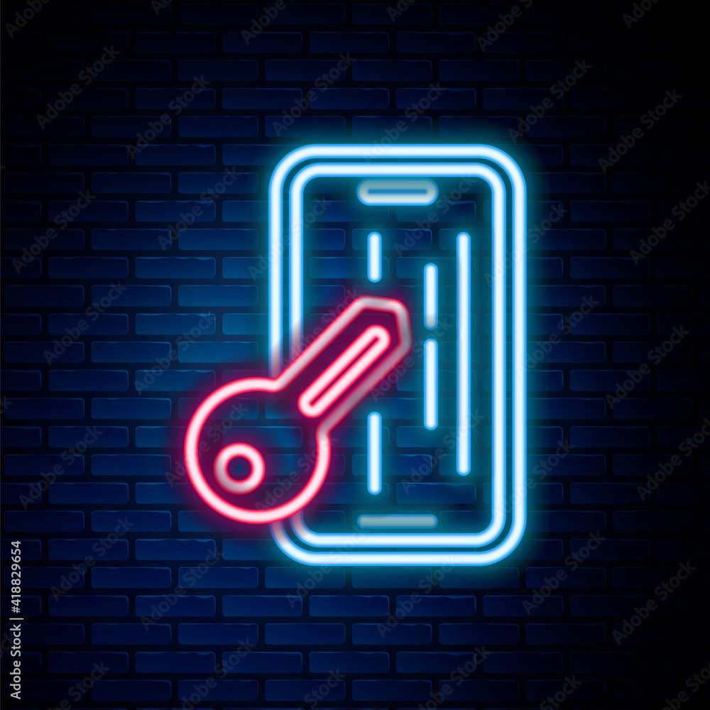 Glowing neon line Glass screen protector for smartphone icon isolated on brick wall background. Protective film for glass. Transparent soft glass for mobile phone. Colorful outline concept. Vector. Glowing neon line Glass screen protector for smartphone icon isolated on brick wall background. Protective film for glass. Transparent soft glass for mobile phone. Colorful outline concept. Vector.