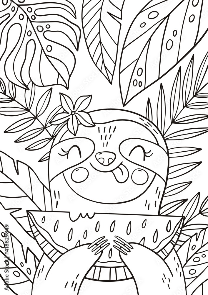 Coloring page with cute Sloth Unicorn. Monochrome vector illustration