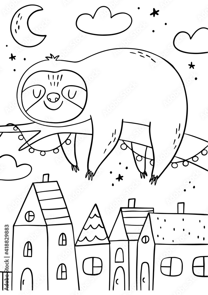Fototapeta premium Coloring page with cute Sloth - Unicorn. Monochrome vector illustration with sloth unicorn