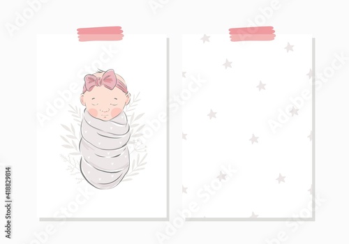 Cute hand drawn Newborn baby. Vector print for Baby Shower invite and baptism invitation. Birth poster for baby