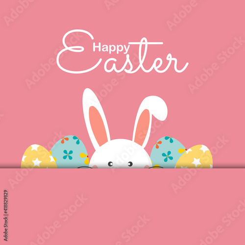Happy easter with bunny and easter eggs greeting card. Easter day background. Vector illustration.