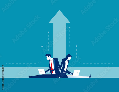 The business team turned back to work with the up arrow indicating progress