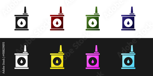 Set Canister for motor machine oil icon isolated on black and white background. Oil gallon. Oil change service and repair. Vector.