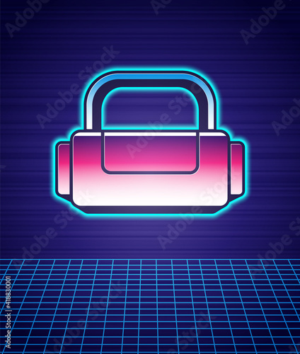 Retro style Sport bag icon isolated futuristic landscape background. 80s fashion party. Vector.