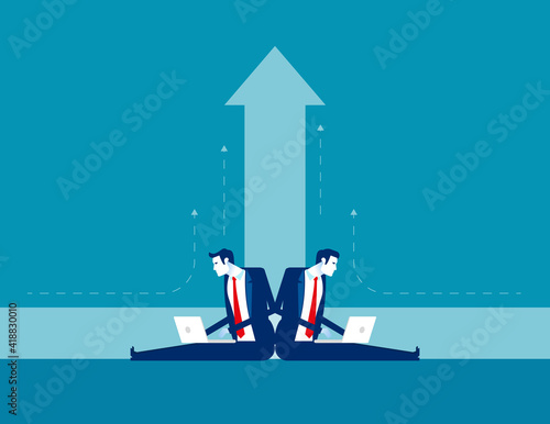 The business team turned back to work with the up arrow indicating progress