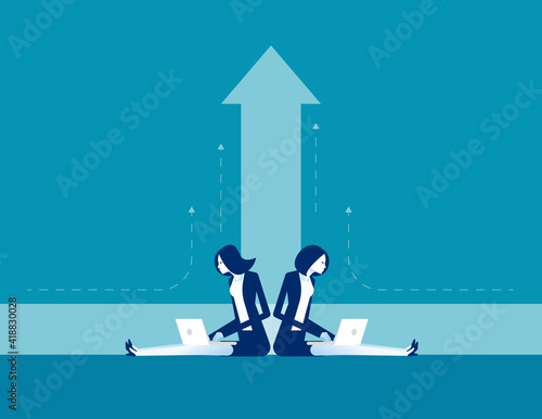 The business team turned back to work with the up arrow indicating progress