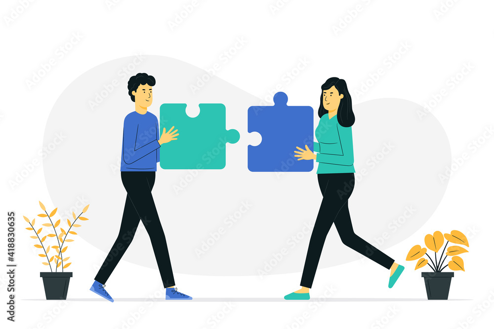 Collaboration concept illustration. Business concept. Two people connecting puzzle elements. Vector illustration flat design style. Collaboration concept illustration. Business concept. Two people connecting puzzle elements. Vector illustration flat design style.