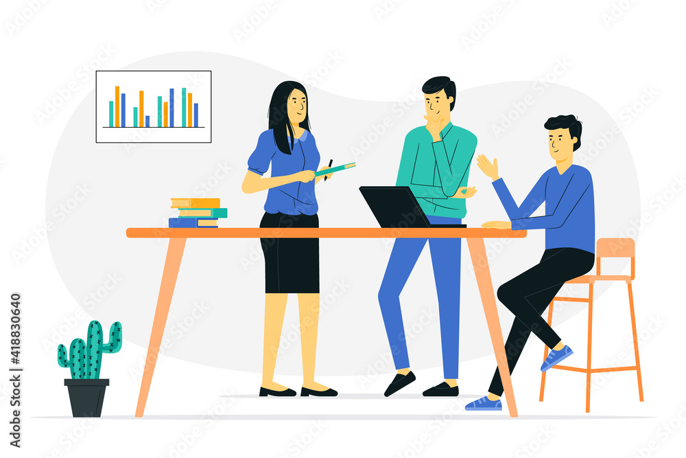 Teamwork at office concept illustration. Business concept. Teamwork is discussing or brainstorming at the office. Vector illustration flat design style.