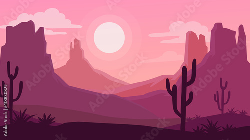  Landscape with desert and cactus. Sunset on a background of a mountain landscape.