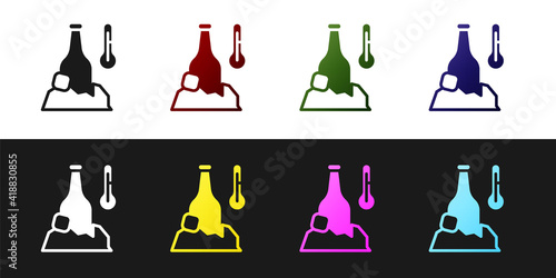 Set Cold beer bottle icon isolated on black and white background. Vector.