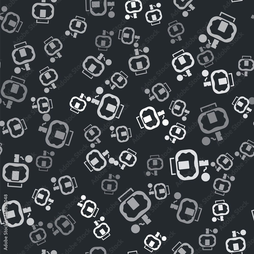 Grey Aftershave icon isolated seamless pattern on black background. Cologne spray icon. Male perfume bottle. Vector.