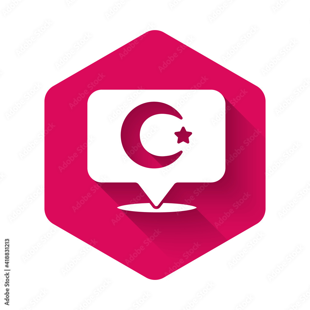 White Star and crescent - symbol of Islam icon isolated with long shadow background. Religion symbol. Pink hexagon button. Vector. White Star and crescent - symbol of Islam icon isolated with long shadow background. Religion symbol. Pink hexagon button. Vector.
