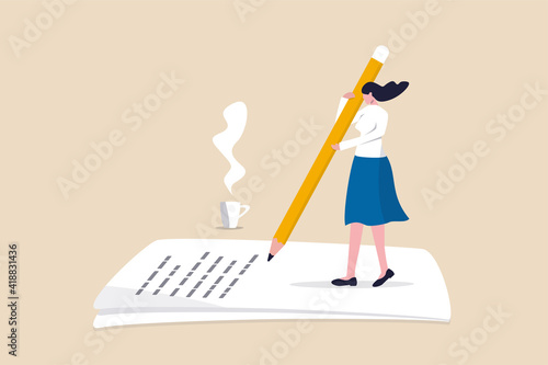 Content writer, blogger, bullet journalist or publishing editor concept, young smart woman freelance holding big pencil thinking and writing content on notepad paper with cup of coffee. photo