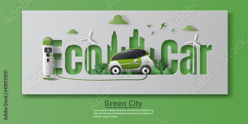 Electric car banner design with EV charger station in a modern city, save the planet and energy concept, paper illustration, and 3d paper.