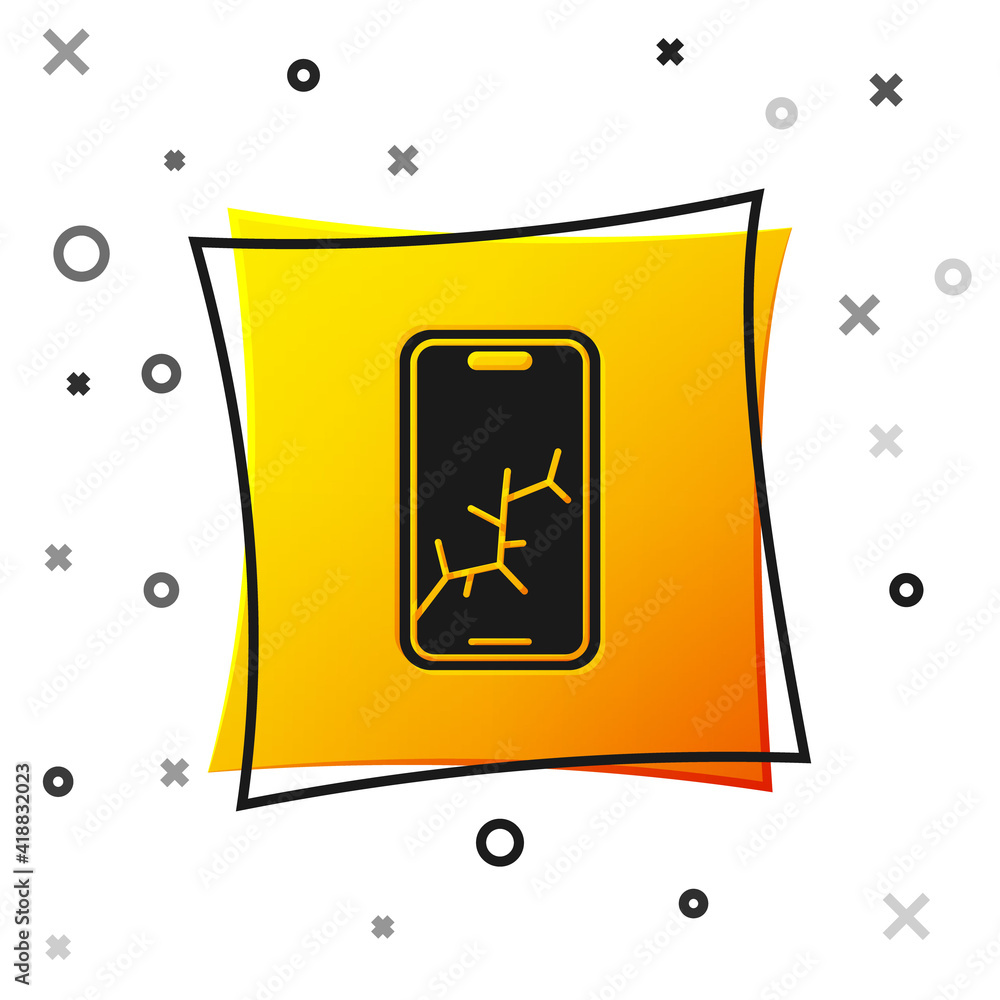 Black Smartphone with broken screen icon isolated on white background. Shattered phone screen icon. Yellow square button. Vector. Black Smartphone with broken screen icon isolated on white background. Shattered phone screen icon. Yellow square button. Vector.