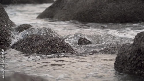 Waves Splashing On Outcrops At Galgibaga Beach In Canacona, South Goa, India. - Selective Focus, Slow Motion photo