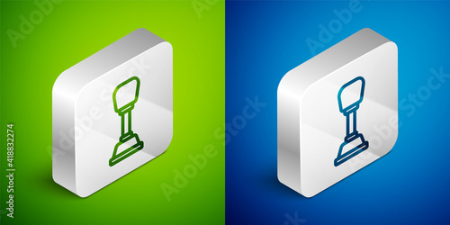 Isometric line Gear shifter icon isolated on green and blue background. Manual transmission icon. Silver square button. Vector.