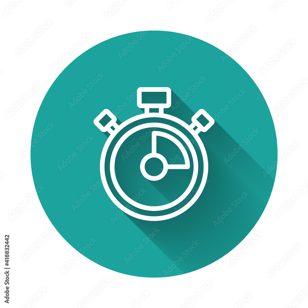 White line Stopwatch icon isolated with long shadow background. Time timer sign. Chronometer sign. Green circle button. Vector. White line Stopwatch icon isolated with long shadow background. Time timer sign. Chronometer sign. Green circle button. Vector.