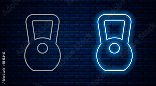Glowing neon line Kettlebell icon isolated on brick wall background. Sport equipment. Vector.